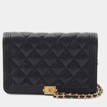 Chanel Boy Chanel Chain Shoulder Bag Leather Black Cc Woc