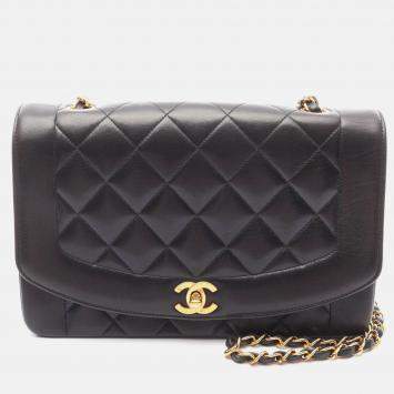 Pre Owned Chanel Matelasse Diana Flap Chain Black Lambskin Shoulder Bag