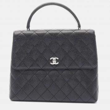 Pre Owned Chanel Kelly Logo Black Calfskin Leather Handbag