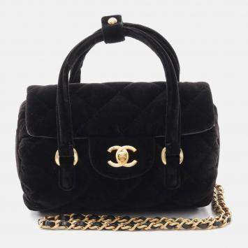 Chanel Matelasse Chain Shoulder Hand Bag Fabric Velor Black 