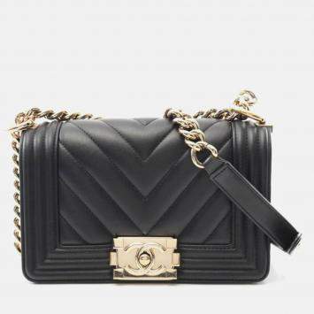 Pre Owned Chanel Boy Small Chevron V Stitch Black Leather Shoulder Bag