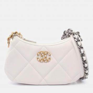 Pre Owned Chanel 19 Matelasse Small Hobo Chain Shoulder Bag Leather White