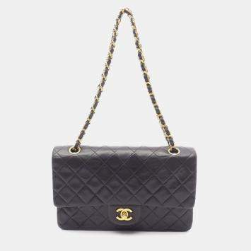 Pre Owned Chanel Matelasse W Flap Chain Shoulder Bag Lamb Leather Black Ghw Cc