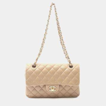 Pre Owned Chanel Classic Double Flap Beige Lambskin Leather Shoulder Bag