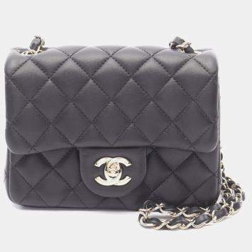 Pre Owned Chanel Mini Matelasse Chain Shoulder Bag  Lamb Leather Black Ghw Cc