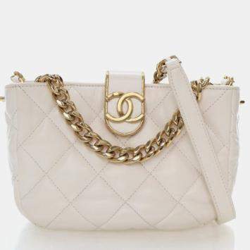 Pre Owned Chanel CC Chain Small White Lambskin Hobo Bag