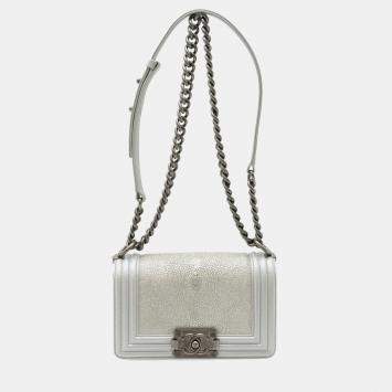 Pre Owned Chanel Boy Metallic Silver Leather Shoulder Bag