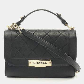 Pre Owned Chanel Click Label Black Leather Shoulder Bag