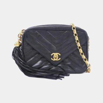 Pre Owned Chanel Chevron Black Leather Shoulder Bag