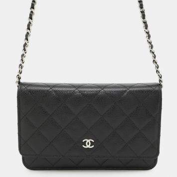 Pre Owned Chanel Chain wallet Black Caviar Leather