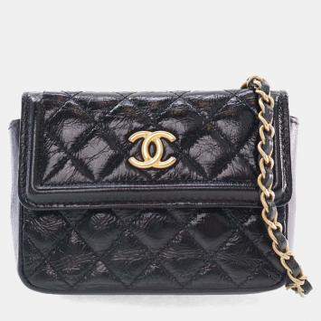 Pre Owned Chanel Black Quilted Shiny Aged Calfskin Waist Belt Bag