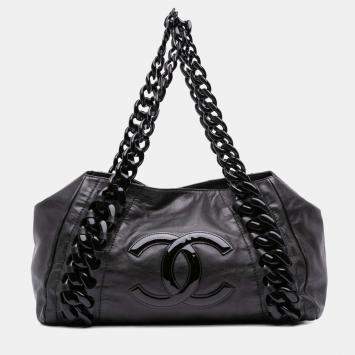 Pre Owned Chanel Black CC Calfskin Modern Chain Rhodoid East West Tote