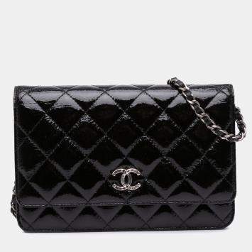 Pre Owned Chanel Black CC Quilted Patent Wallet On Chain