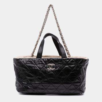 Pre Owned Chanel Black CC Quilted Glazed Calfskin Portobello Tote