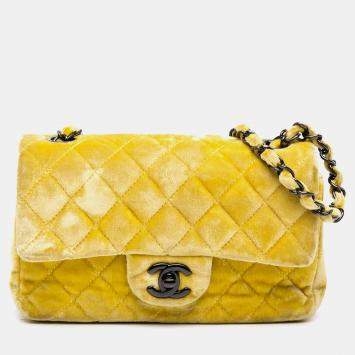 Pre Owned Chanel Yellow Mini Rectangular Classic Velvet Single Flap Bag