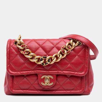 Pre Owned Chanel Red Small Quilted Lambskin Chain Link Flap Bag