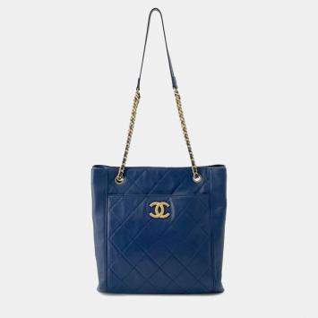 Pre Owned Chanel Blue CC Quilted Calfskin Front Pocket Shopping Bag