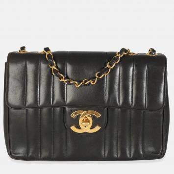 Pre Owned Chanel Vintage Black Lambskin Vertical Stitch Jumbo XL Flap Bag