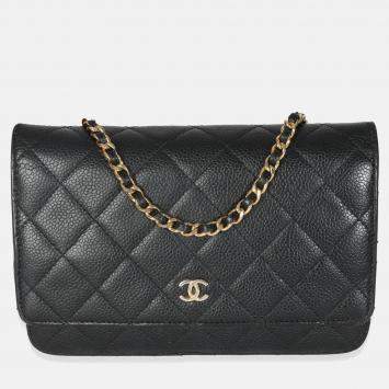 Pre Owned Chanel Black Quilted Caviar Classic Wallet On Chain