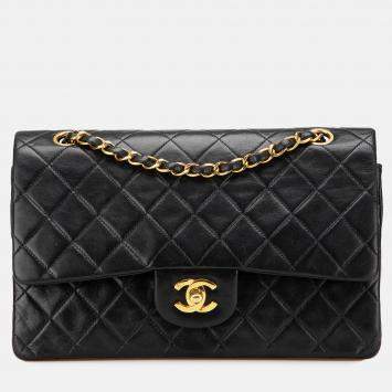 Pre Owned Chanel Black Medium Classic Lambskin Double Flap