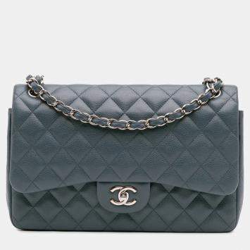 Pre Owned Chanel Blue Jumbo Classic Caviar Double Flap