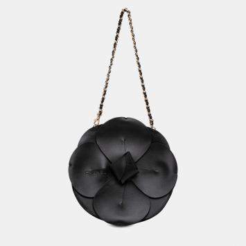 Pre Owned Chanel Black Lambskin and Satin Camellia Flower Evening Bag