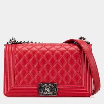 Pre Owned Chanel Red Old Medium Quilted Lambskin Boy Flap