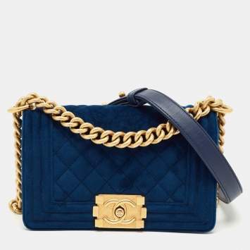Pre Owned Chanel Blue Quilted Velvet Small Boy Flap Bag