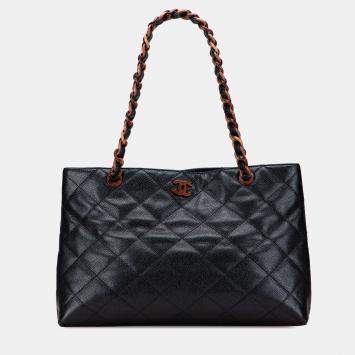Pre Owned Chanel Black CC Quilted Caviar Tortoise Chain Tote