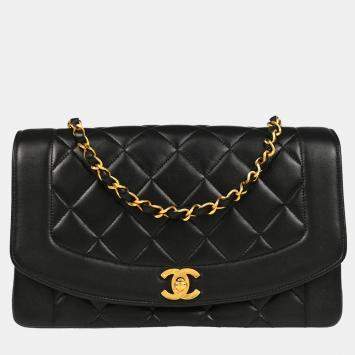 Pre Owned Chanel Diana Medium Black Lambskin Shoulder Bag