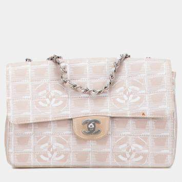 Pre Owned Chanel Beige Brown Medium New Travel Line Nylon Single Flap