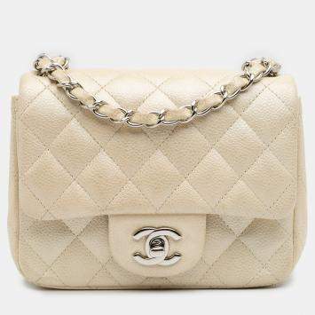 Pre Owned Chanel Gold Mini Square Classic Caviar Single Flap