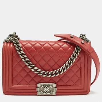Pre Owned Chanel Red Quilted Leather Medium Classic Boy Flap Bag