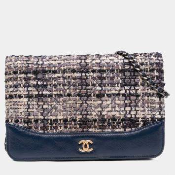 Pre Owned Chanel Beige Brown Quilted Tweed and Calfskin Gabrielle Wallet On Chain