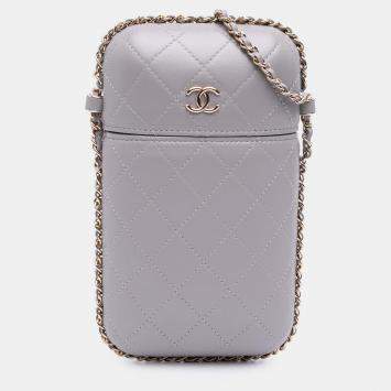 Pre Owned Chanel Grey CC Quilted Lambskin Chain Around Phone Holder
