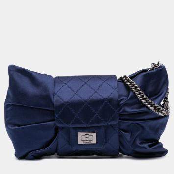 Pre Owned Chanel Blue CC Satin Bow Clutch with Chain