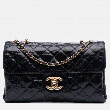 Pre Owned Chanel Blue CC Crackled Glazed Calfskin Accordion Flap