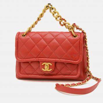 Pre Owned Chanel Matelasse Red Lambskin Shoulder Bag