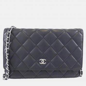 Pre Owned Chanel Timeless Classic Black Lambskin Leather Chain Wallet Handbag