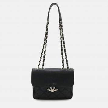 Pre Owned Chanel Half Coco Mark Double Chain Black Leather Shoulder Bag