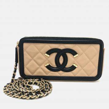 Pre Owned Chanel Cc Filigree Bicolor Wallet Long Chain Caviar Skin Beige