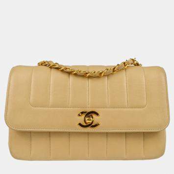 Pre Owned Chanel Beige Lambskin Mademoiselle Single Flap Shoulder Bag