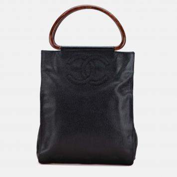 Pre Owned Chanel Black CC Caviar Wood Top Handle Tote