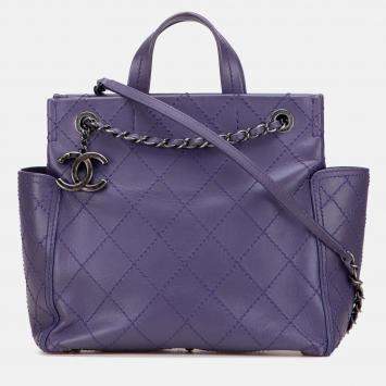 Pre Owned Chanel Purple Small CC Quilted Calfskin Pocket Tote