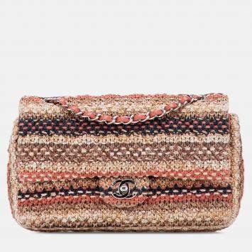 Pre Owned Chanel Beige Brown Medium Classic Tweed Double Flap
