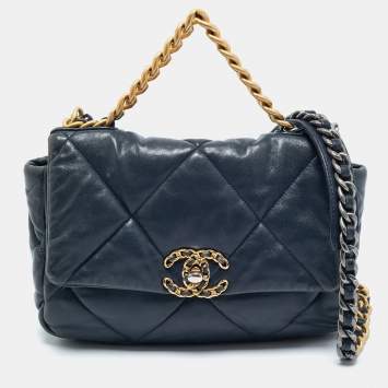 Pre Owned Chanel Navy Blue Quilted Leather Small 19 Flap Bag
