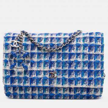 Pre Owned Chanel Blue Quilted Boucle Tweed Charm Wallet On Chain
