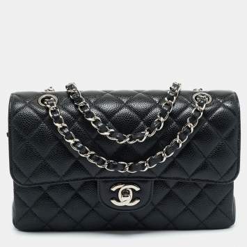 Pre Owned Chanel Black Quilted Caviar Leather Small Classic Double Flap Bag