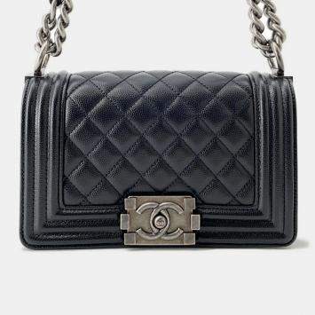 Pre Owned Chanel Boy Chanel Chain Shoulder Black Caviar Leather Size Small