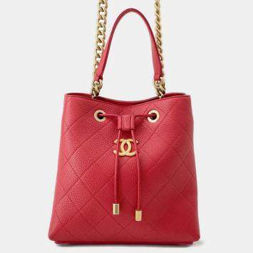 Pre Owned Chanel Drawstring 2Wayshoulder Bag Red Caviar Leather